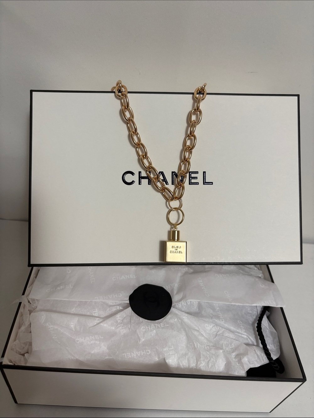 Blue De Chanel Perfume Bottle Charm on Gold Statement Necklace ⭐️✨
